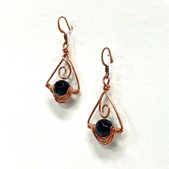 HANDMADE Vintage Faceted Glass Bead HandWrapped Pure Bare Copper Modern Earrings - Picture 5 of 10